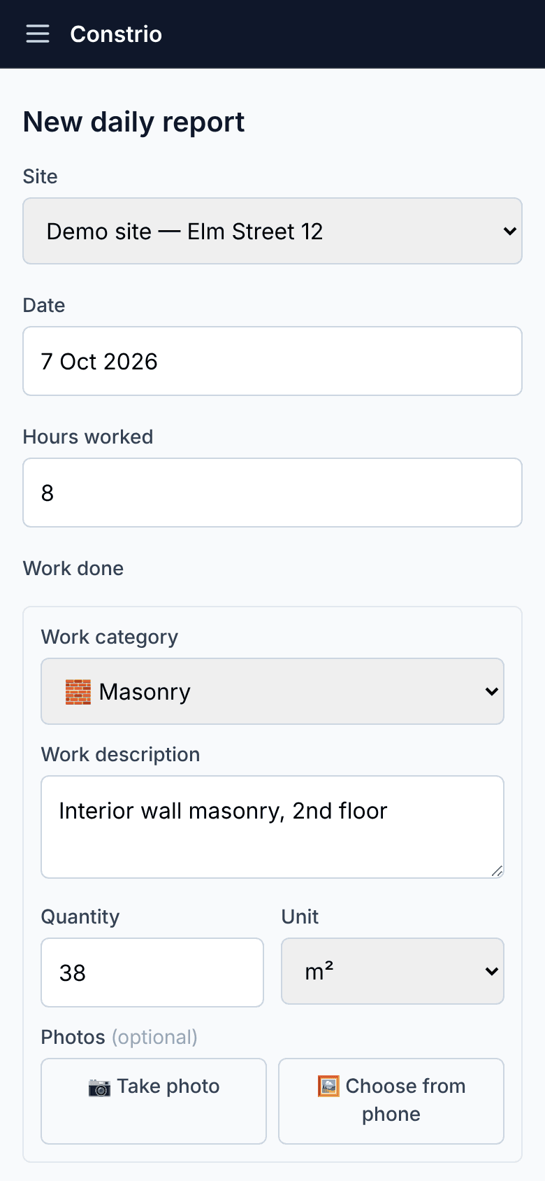 Worker daily report form on a phone screen